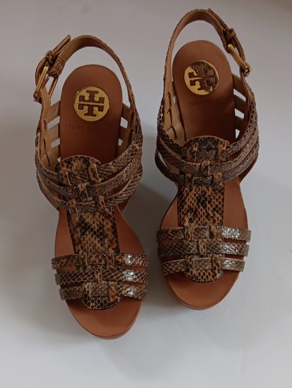 Tory Burch Leslie Snake- embossed print Leather Wooden platform Wedge Sandals 7M